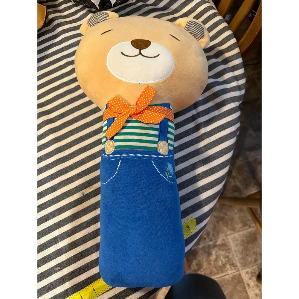 Bear Plush Seat Belt Cover Travel Pillow Blue Overalls Orange Bow 13 Inch